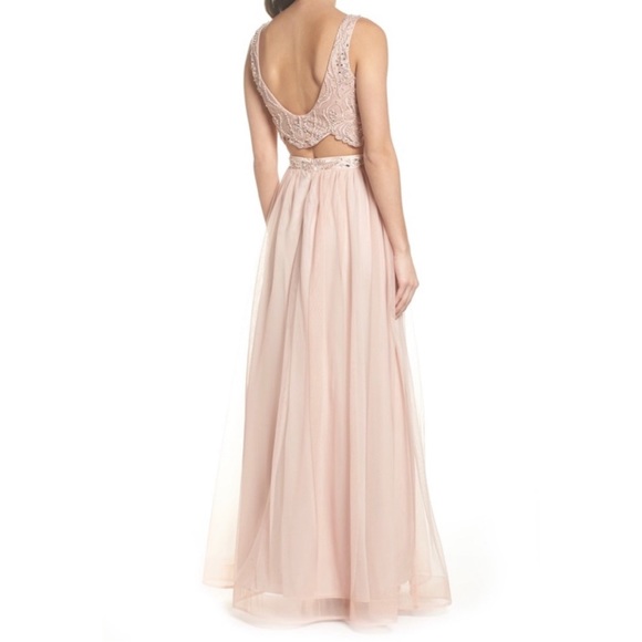 Pink Beaded Lace Two Piece Prom Gown - Picture 2 of 3